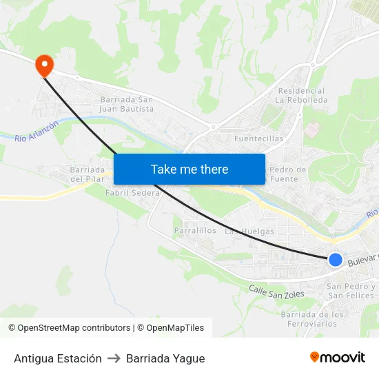 Antigua Estación to Barriada Yague map