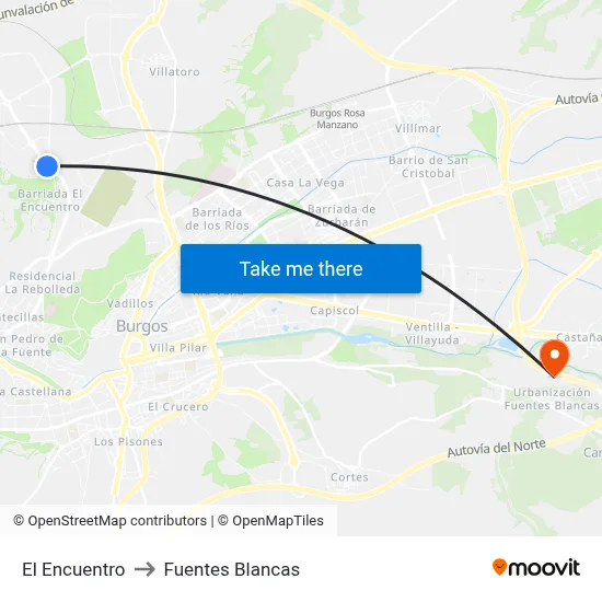 El Encuentro to Fuentes Blancas map