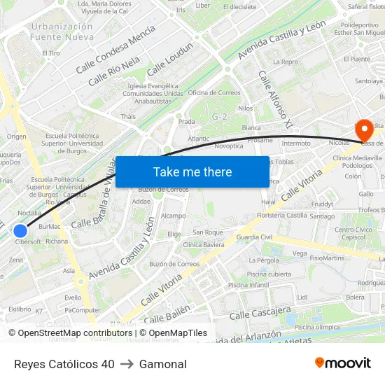 Reyes Católicos 40 to Gamonal map