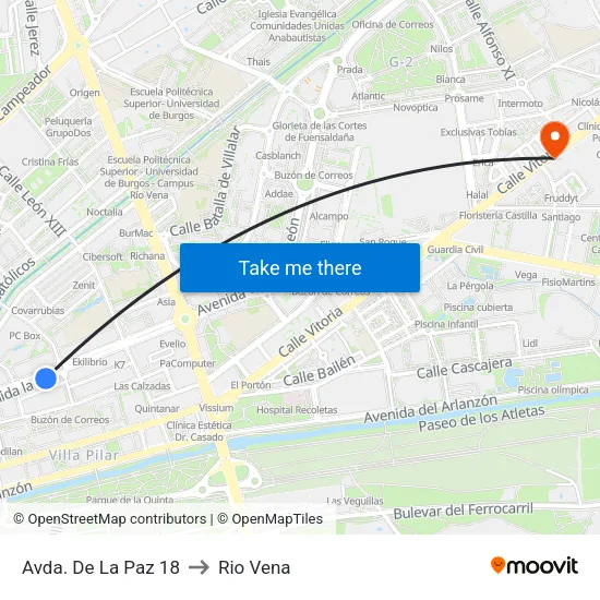 Avda. De La Paz 18 to Rio Vena map