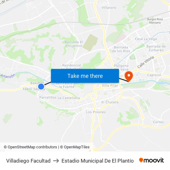 Villadiego Facultad to Estadio Municipal De El Plantío map