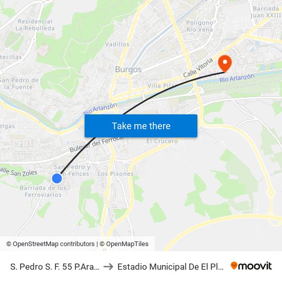 S. Pedro S. F. 55 P.Aragón to Estadio Municipal De El Plantío map