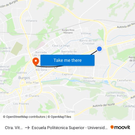 Ctra. Vitoria Gala to Escuela Politécnica Superior - Universidad De Burgos - Campus Río Vena map