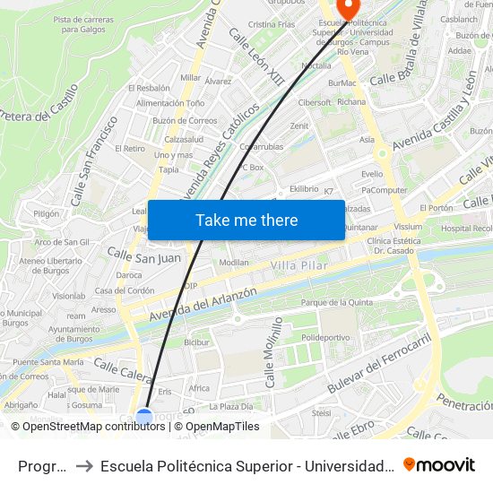 Progreso 18 to Escuela Politécnica Superior - Universidad De Burgos - Campus Río Vena map