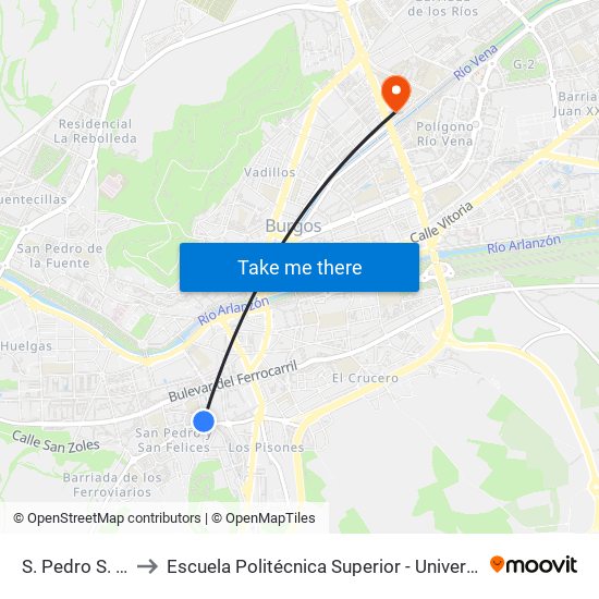 S. Pedro S. F. 2 C.Cultura to Escuela Politécnica Superior - Universidad De Burgos - Campus Río Vena map