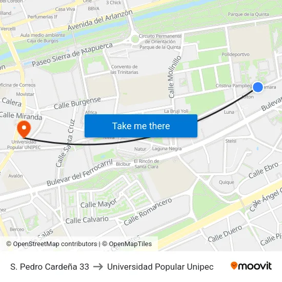 S. Pedro Cardeña 33 to Universidad Popular Unipec map