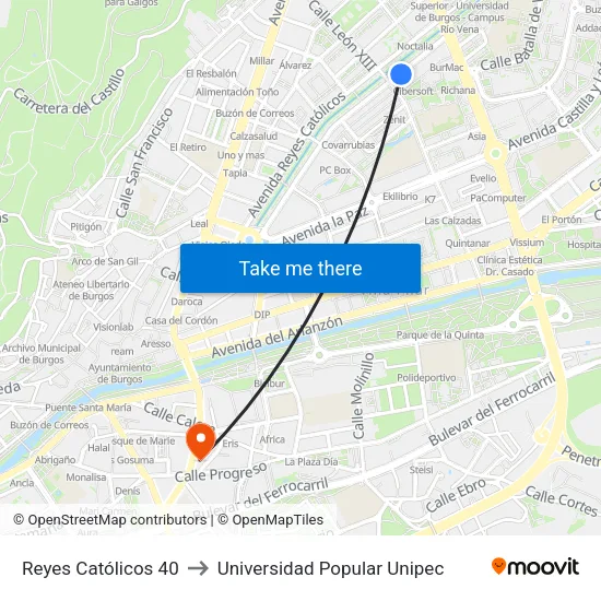 Reyes Católicos 40 to Universidad Popular Unipec map