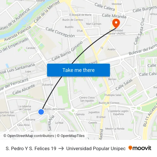 S. Pedro Y S. Felices 19 to Universidad Popular Unipec map