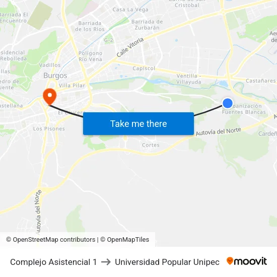 Complejo Asistencial 1 to Universidad Popular Unipec map