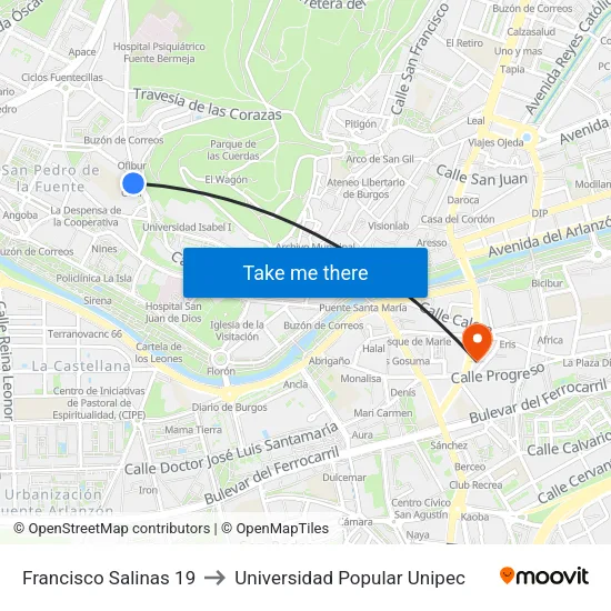 Francisco Salinas 19 to Universidad Popular Unipec map