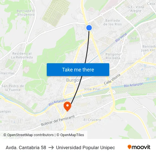 Avda. Cantabria 58 to Universidad Popular Unipec map