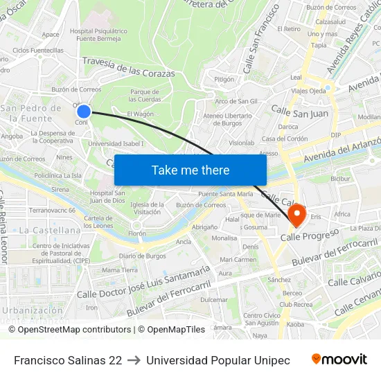 Francisco Salinas 22 to Universidad Popular Unipec map