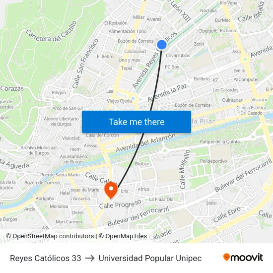 Reyes Católicos 33 to Universidad Popular Unipec map