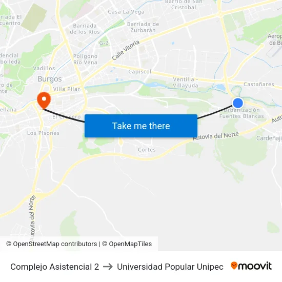 Complejo Asistencial 2 to Universidad Popular Unipec map