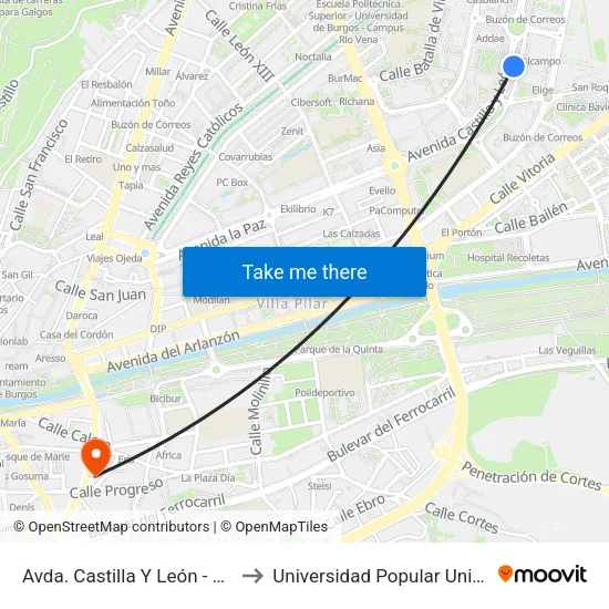Avda. Castilla Y León - C.C. to Universidad Popular Unipec map
