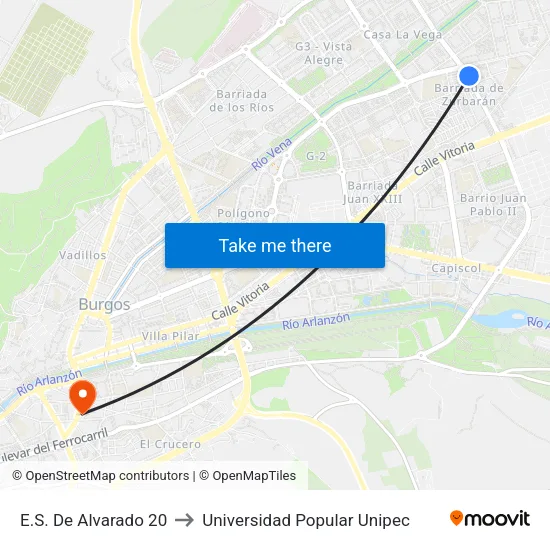 E.S. De Alvarado 20 to Universidad Popular Unipec map