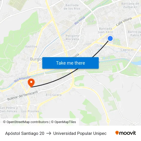 Apóstol Santiago 20 to Universidad Popular Unipec map
