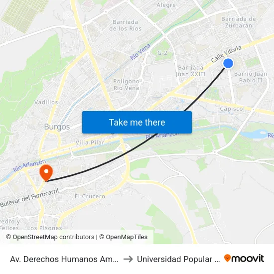 Av. Derechos Humanos Ambulatorio to Universidad Popular Unipec map