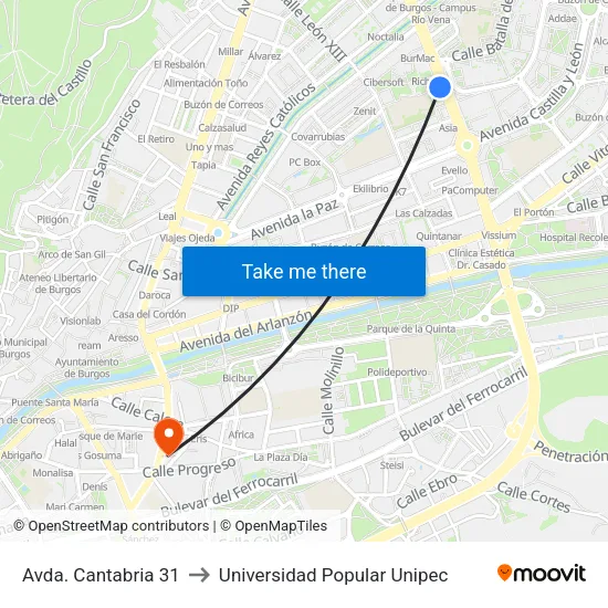 Avda. Cantabria 31 to Universidad Popular Unipec map