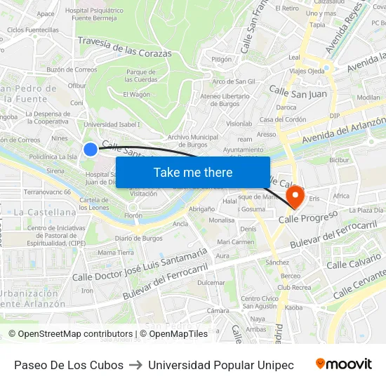 Paseo De Los Cubos to Universidad Popular Unipec map
