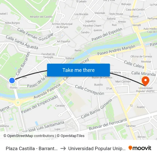 Plaza Castilla - Barrantes to Universidad Popular Unipec map