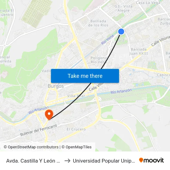 Avda. Castilla Y León 48 to Universidad Popular Unipec map