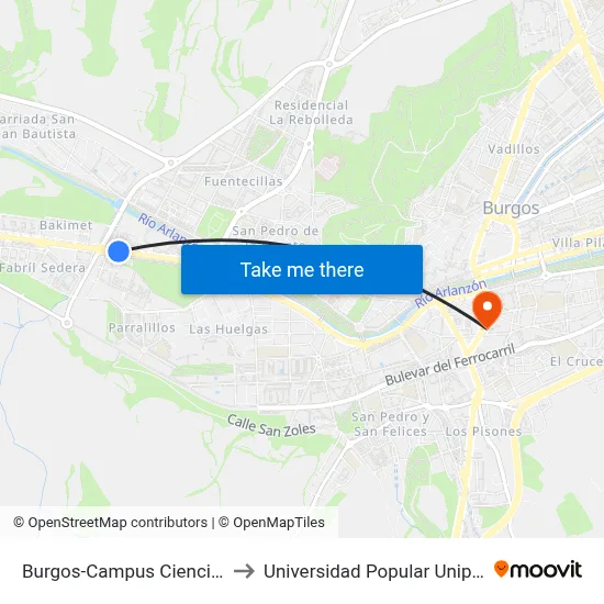 Burgos-Campus Ciencias to Universidad Popular Unipec map