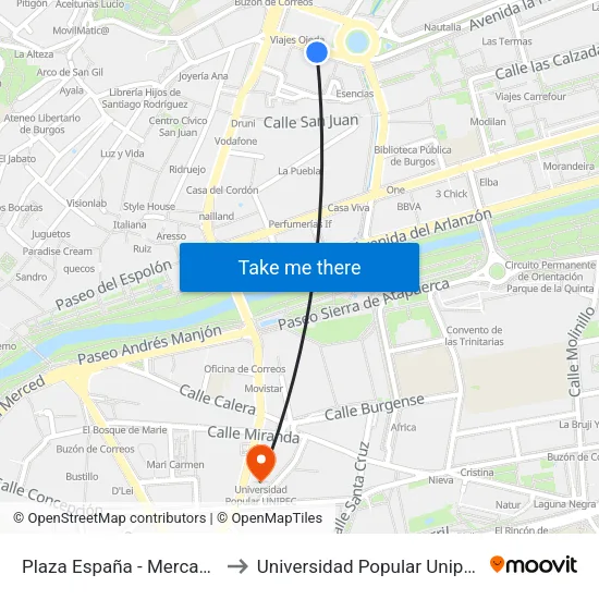 Plaza España - Mercado to Universidad Popular Unipec map