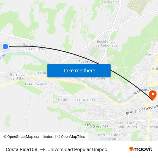Costa Rica108 to Universidad Popular Unipec map