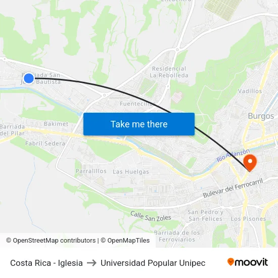 Costa Rica - Iglesia to Universidad Popular Unipec map