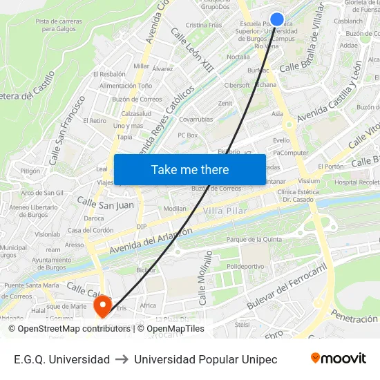 E.G.Q. Universidad to Universidad Popular Unipec map