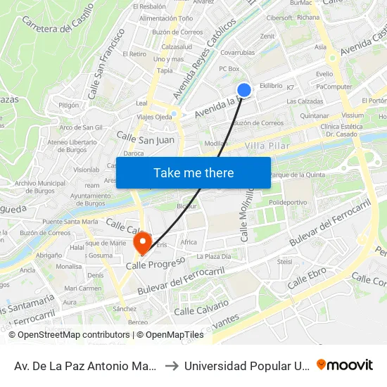 Avda. De La Paz 15 to Universidad Popular Unipec map