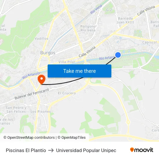 Piscinas El Plantío to Universidad Popular Unipec map