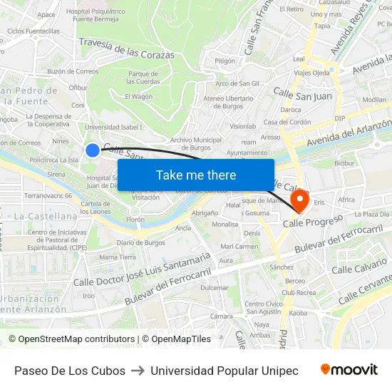 Paseo De Los Cubos to Universidad Popular Unipec map