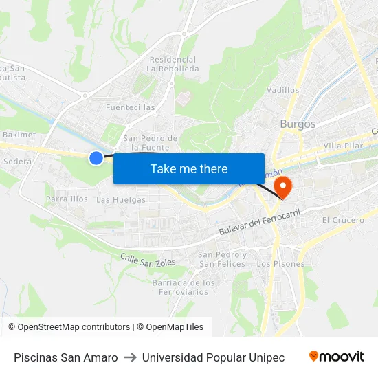 Piscinas San Amaro to Universidad Popular Unipec map
