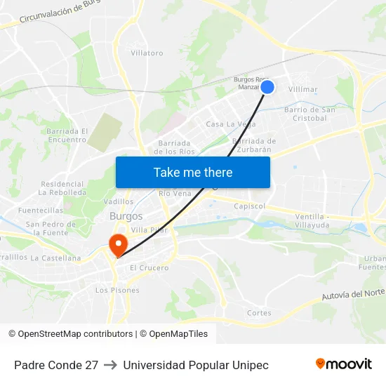 Padre Conde 27 to Universidad Popular Unipec map