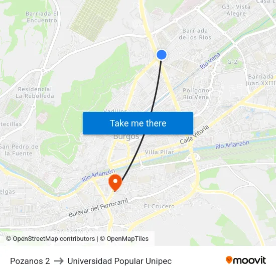 Pozanos 2 to Universidad Popular Unipec map