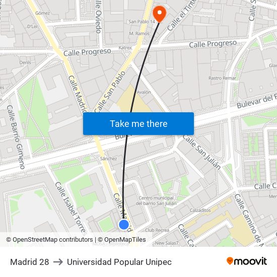 Madrid 28 to Universidad Popular Unipec map