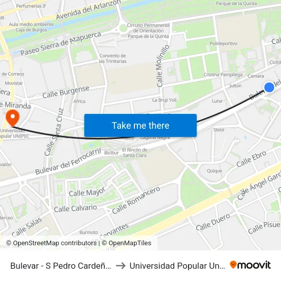 Bulevar - S Pedro Cardeña 56 to Universidad Popular Unipec map