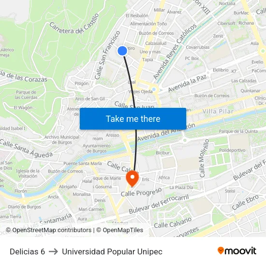 Delicias 6 to Universidad Popular Unipec map