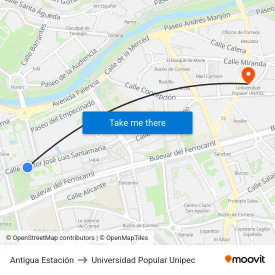 Antigua Estación to Universidad Popular Unipec map