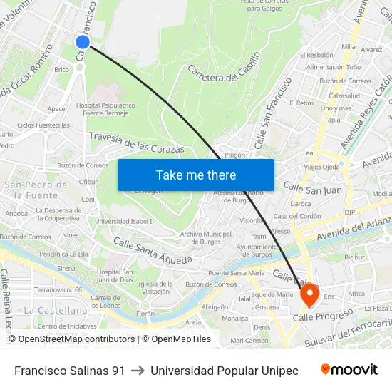 Francisco Salinas 91 to Universidad Popular Unipec map