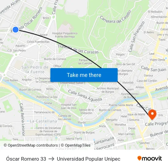 Óscar Romero 33 to Universidad Popular Unipec map