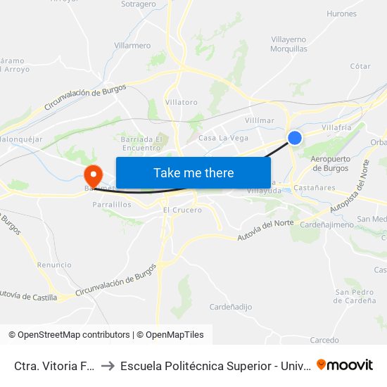 Ctra. Vitoria Frente Aeródromo to Escuela Politécnica Superior - Universidad De Burgos - Campus Milanera map