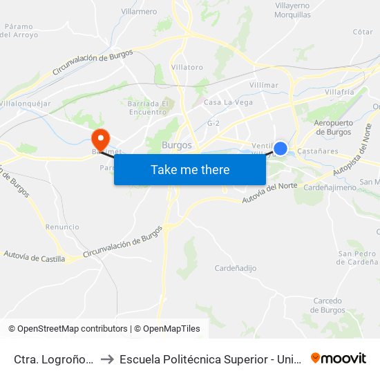 Ctra. Logroño Frente La Meseta to Escuela Politécnica Superior - Universidad De Burgos - Campus Milanera map