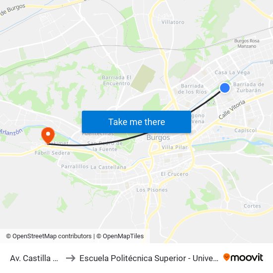 Avda. Castilla Y León 70 to Escuela Politécnica Superior - Universidad De Burgos - Campus Milanera map
