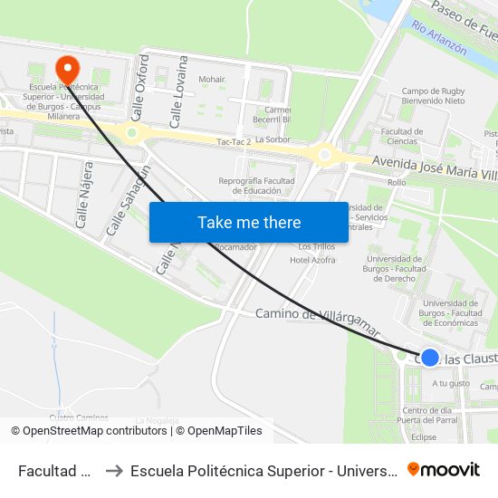 Facultad Económicas to Escuela Politécnica Superior - Universidad De Burgos - Campus Milanera map