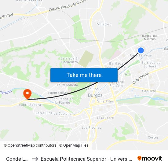 Conde Lucanor 22 to Escuela Politécnica Superior - Universidad De Burgos - Campus Milanera map
