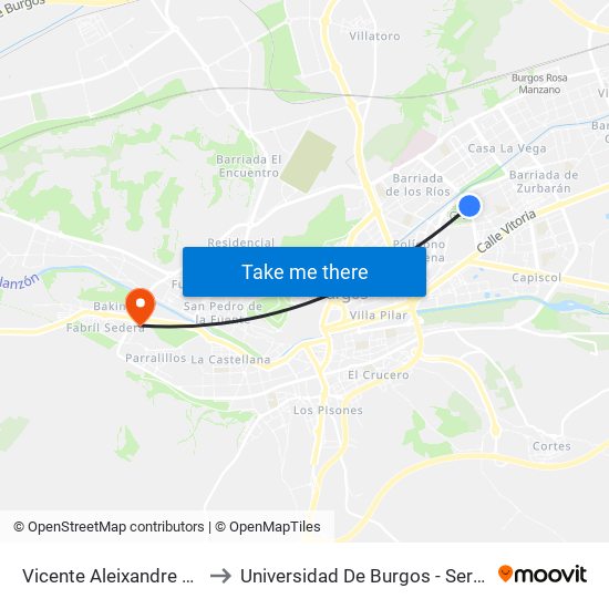 Vicente Aleixandre Ambulatorio to Universidad De Burgos - Servicios Centrales map