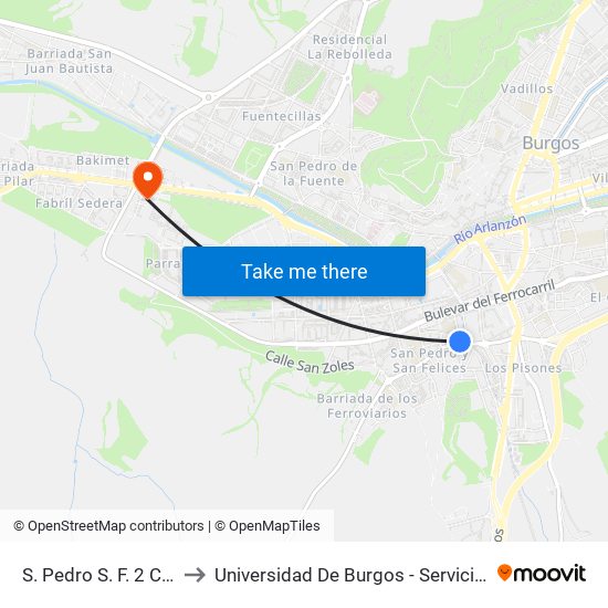 S. Pedro S. F. 2 C.Cultura to Universidad De Burgos - Servicios Centrales map